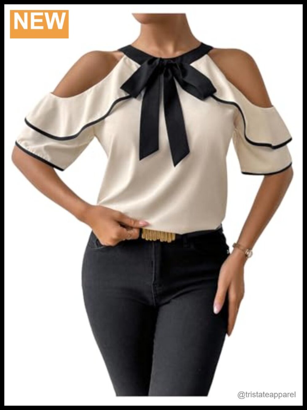 Floerns Women's Bow Tie Front Blouse Cold Shoulder Ruffle Sleeve Dressy Casual